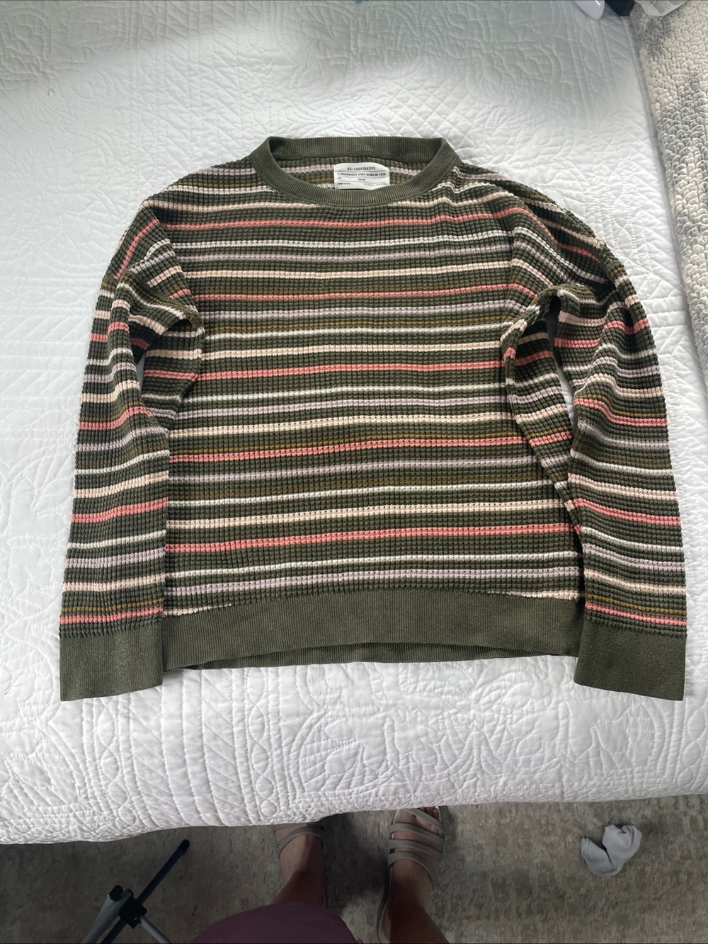 REI Olive Striped Waffle-Knit Crewneck with Pink and Cream Bands